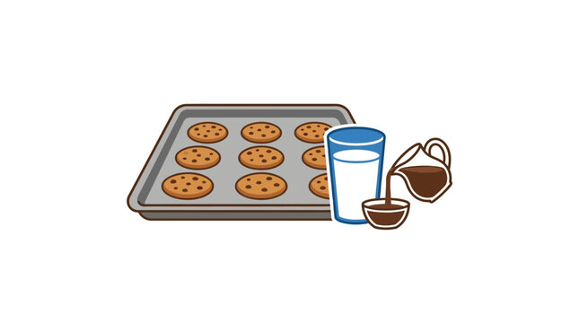 Chocolate Chip Cookies on Baking Sheet with Milk and Coffee Pouring