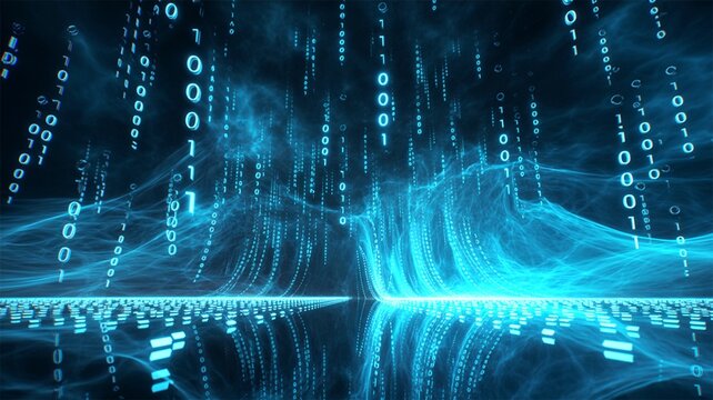 Digital Data Stream: An abstract visualization of binary code cascading downwards, representing the flow of information and the vastness of digital data, set against a luminous, ethereal background.