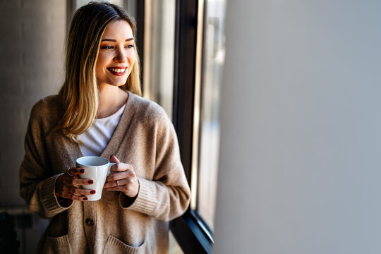 Woman in peaceful morning moments with coffee and mindfulness, balanced and healthy lifestyle