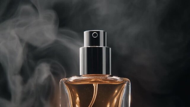 A perfume bottle with smoke rising behind it on a dark background