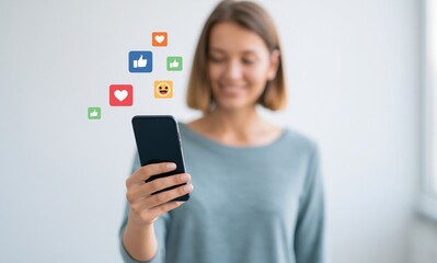 Naklejka premium Young Woman Receive Social Media Notifications on Mobile Phone Application