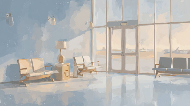 An oil painting illustration of a clean, blue-themed hospital waiting room / 青を基調とした清潔感ある病院の待合室の油彩イラスト