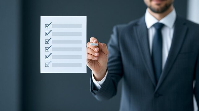 Businessman Check Task List on Transparent Screen - Business Success Concept