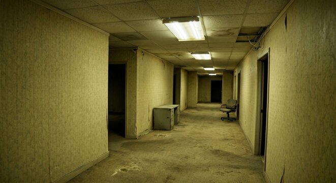 Eerie Empty Corridor in Liminal Space, Creepy Abandoned Yellow Office Hallway