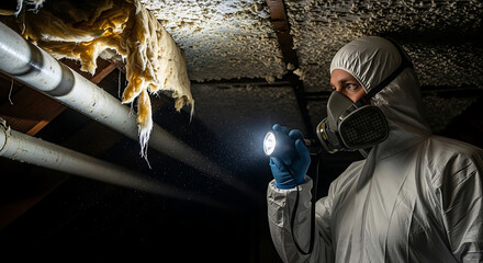 Fototapeta premium Professional Asbestos Inspector in Protective Hazmat Suit and Respirator Using Flashlight to Examine Dangerous Old Insulation During a Home Abatement and Survey Service