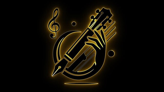 Glowing neon. Ukulele logo. Fountain pen. Music writing. Guitar art. Creative design. Vector concept. Yellow glow. Treble clef. Songwriting icon. Neon animation.
