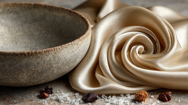 Ceramic bowl with draped silk fabric coffee beans composition still life
