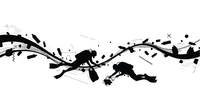 Two divers explore the underwater world with abstract artistic elements