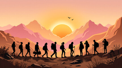 Fototapeta premium Large group of people hiking in a line across mountain range during sunset golden hour