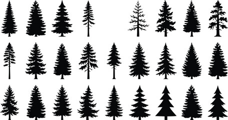 Diverse evergreen tree silhouettes, a collection of 30 distinct coniferous forest elements, ideal for nature-themed designs, winter landscapes, and outdoor branding projects © Ambreen