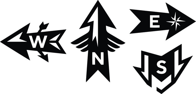 Directional arrow compass points vector set, North, East, South, West navigation symbols, black graphic design elements for travel and adventure concepts isolated on White Background