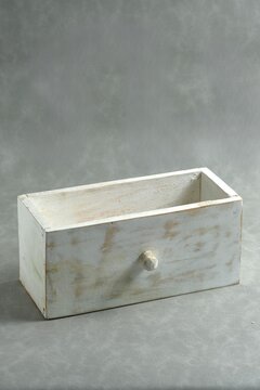 Rustic rectangular white wooden box container on gray background, Box kayu