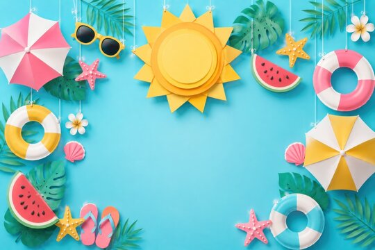 Colorful summer paper cut frames with tropical beach elements and seasonal decorations.