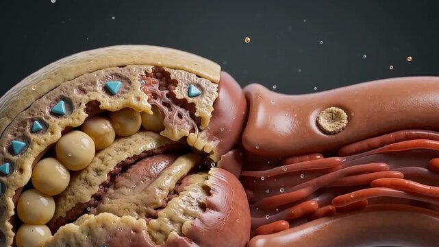 Microscopic 3D cross section of an artery showing severe cholesterol plaque buildup and sudden blood clot formation leading to blockage