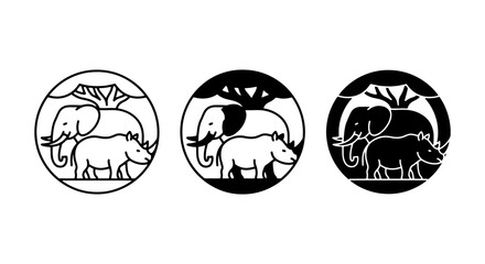 African Wildlife Icons: Elephant, Rhino, Acacia Tree, Savanna Landscape, Circular Emblem Designs, Vector Graphics © Anwar