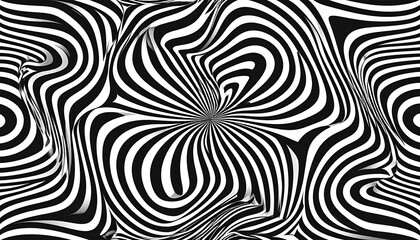 Fototapeta premium Abstract black and white swirling optical illusion pattern with distorted wavy lines and hypnotic effect