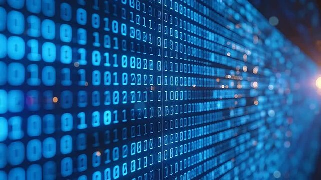 Abstract digital background with glowing blue binary code streams