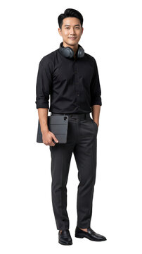 Young Asian man in black attire with headphones and a tablet isolated on transparent background