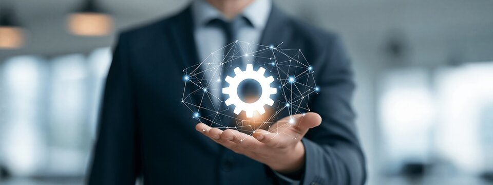 Businessman Hold Cogwheel Icon Network Connection, Gear System Optimize Solution