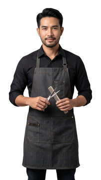 Male barber or hairdresser holding scissors and comb isolated on transparent background
