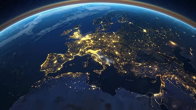 A view of the planet from space showing glowing city lights
