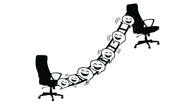 Chairs connected by happy chat bubbles forming a bridge for communication