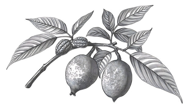 Victorian Botanical Engraving of Myristica Fragrans Nutmeg Branch with Fruit