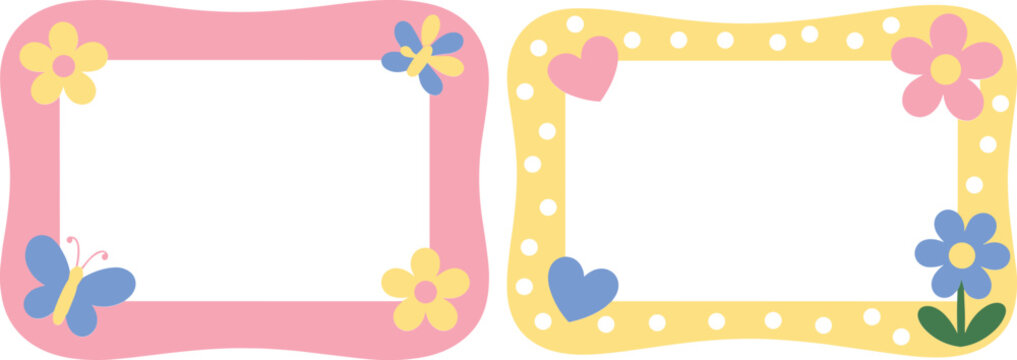 Cute floral photo frames, colorful decorative borders with flowers and butterflies vector illustration collection