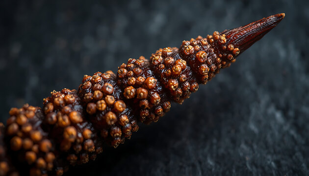 Extreme close-up shot of a dried long pepper (Piper longum) spice, showcasing its intricate, bumpy texture and conical shape against a dark, textured background