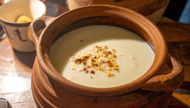 A creamy, thick, and comforting soup in a rustic clay pot, garnished with toasted nuts and spices