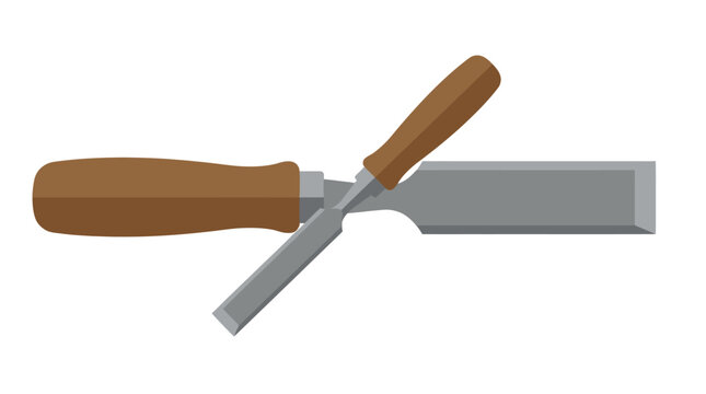 Two wooden handled chisels crossed, woodworking tools, isolated on white background, flat design.