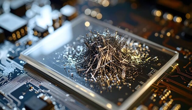 Close-up shot of a pile of metallic shards resting on a glass surface with a microchip in the background