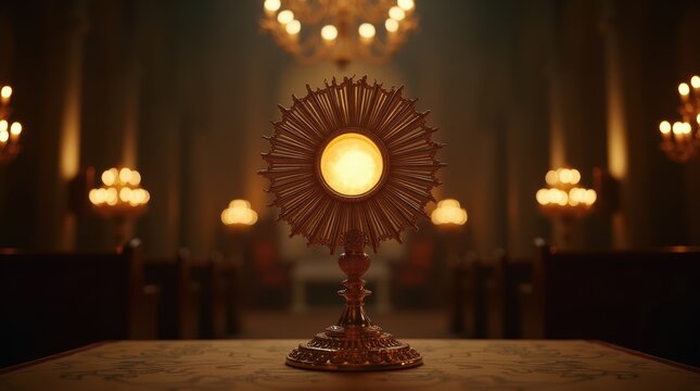 Golden monstrance with the holy eucharist glowing on an altar in a dark church