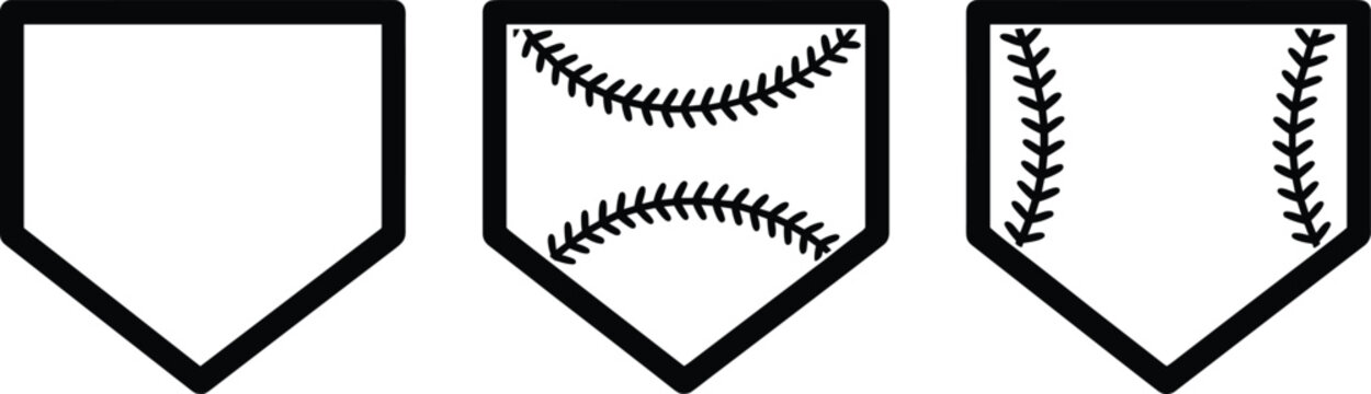 Baseball home plate icons, sports field symbols with stitching vector illustration collection for athletic design