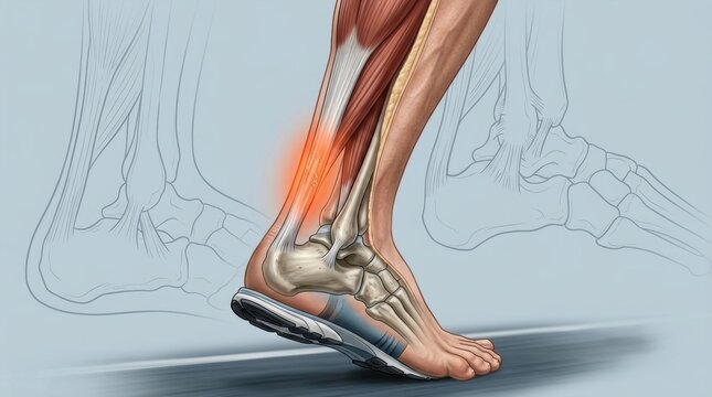 Anatomical illustration of a running leg showing Achilles tendon pain and inflammation