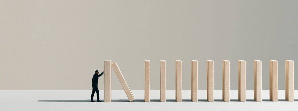 Person miniature stop falling wooden blocks domino effect light background