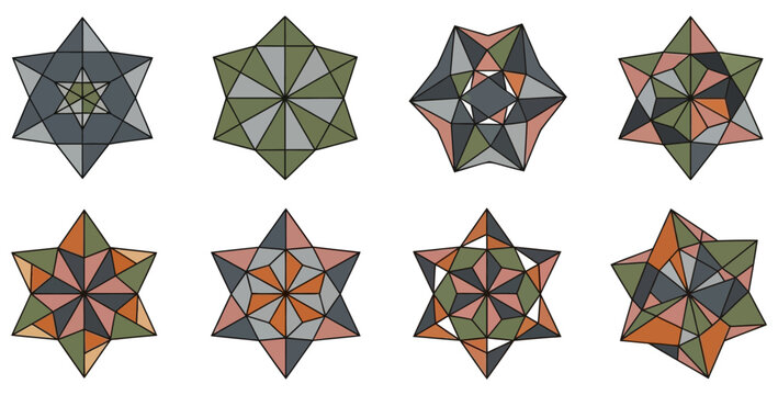 Geometric Star Shapes with Colorful Patterns and Abstract Designs on Transparent Background
