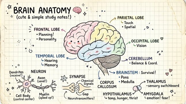 Cute and simple brain anatomy study notes with labeled parts