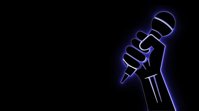 Hand microphone. Neon blue glow. Music vector. Audio podcast. Singing icon. Rock fist. Vocal performance. Stage mic. Karaoke graphic. Glowing outline.
