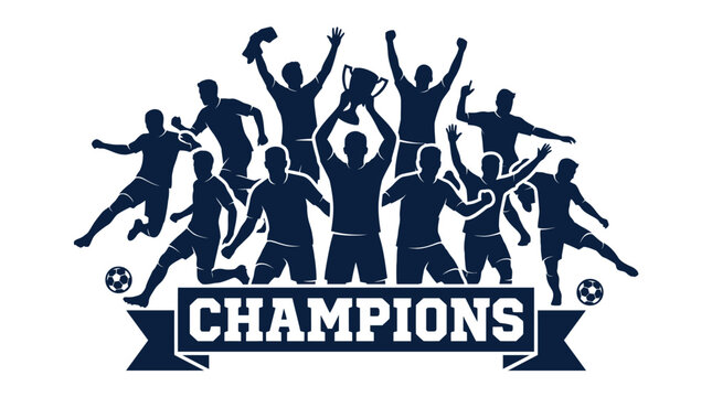 Silhouettes of soccer team players playing with ball and holding championship trophy cup with banner vector illustration design.