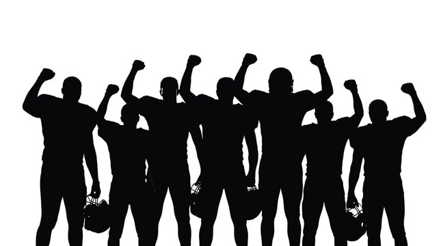 Silhouette of american football players cheering with clenched fists after winning game isolated on transparent checkered pattern.