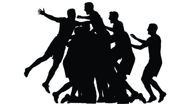 Silhouette of a group of football players hugging and piling up in excitement after winning a match on transparent grid background.