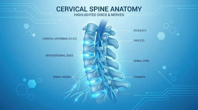 Detailed illustration of the human cervical spine anatomy with highlighted discs and nerves