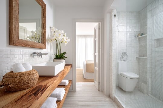 Bright, modern bathroom featuring a wood vanity, a glass-enclosed shower, and a view into a bedroom