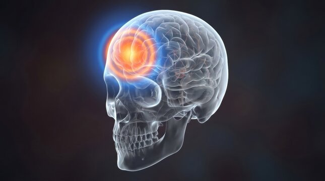 Human brain with glowing pain signals in the frontal lobe area