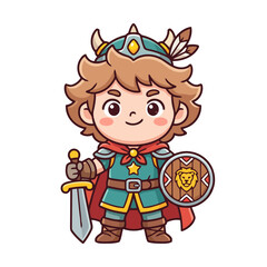 Cute cartoon viking boy warrior with sword and shield