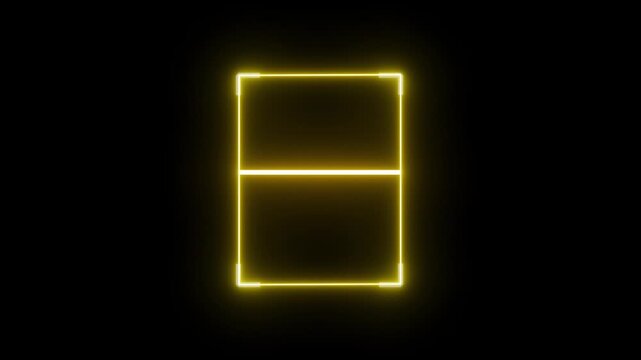 Glowing yellow neon square frame scanning with horizontal line on black background glow light illuminated dark