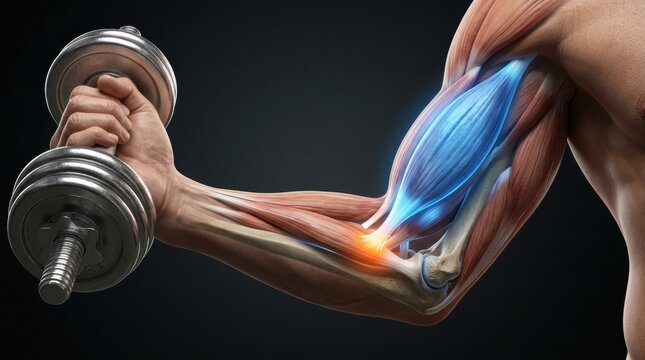 Anatomical illustration of a bicep muscle contracting during a dumbbell curl exercise