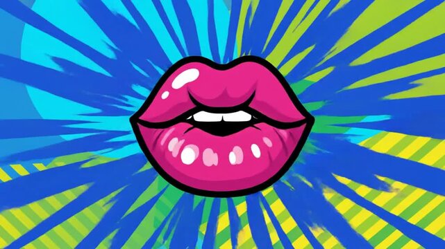 Funky animated lips pop art with bold colors and playful background elements