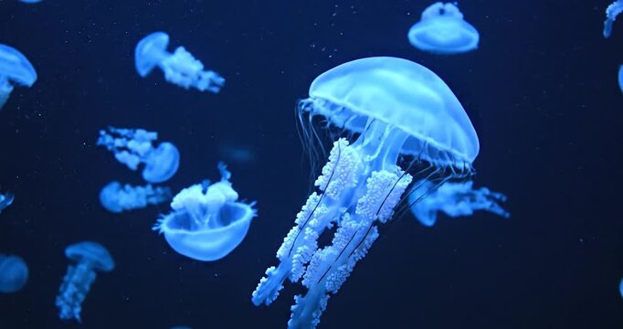 Group of translucent blue jellyfish swimming in deep dark ocean water